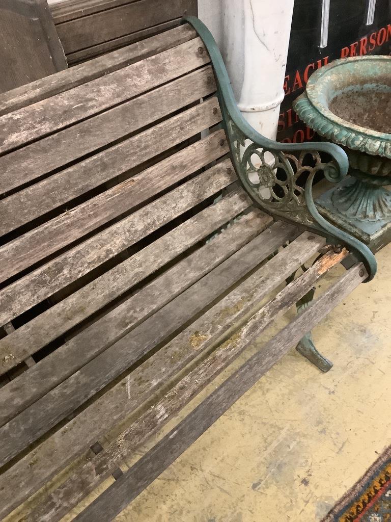 A Victorian style cast metal slatted garden bench, length 126cm, depth 60cm, height 74cm